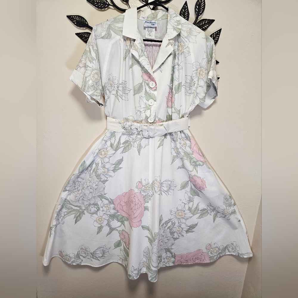Vintage Women's Dress Bedford Fair Floral Beige Button-Front Midi Cotton